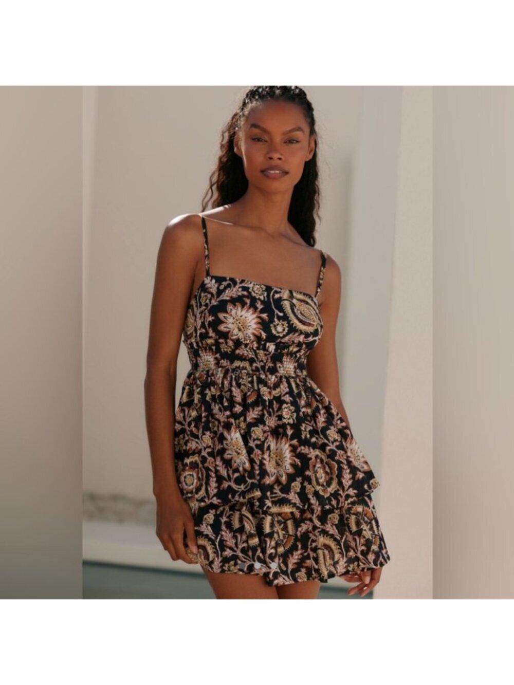 Celandine Black Floral Cotton Babydoll Mini Dress Smocked Size M